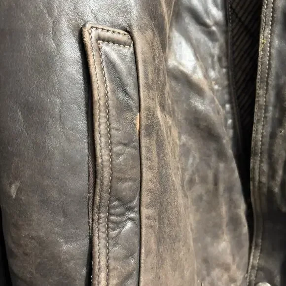 Vintage Brown Leather Bomber Large Full Zip Jacket Dad 80s 90s Distressed Heavy - Picture 10 of 15